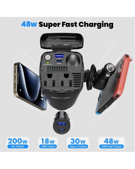 BESTEK 200W Power Inverter 12V DC to 110V AC with PD30W USB-C QC18W